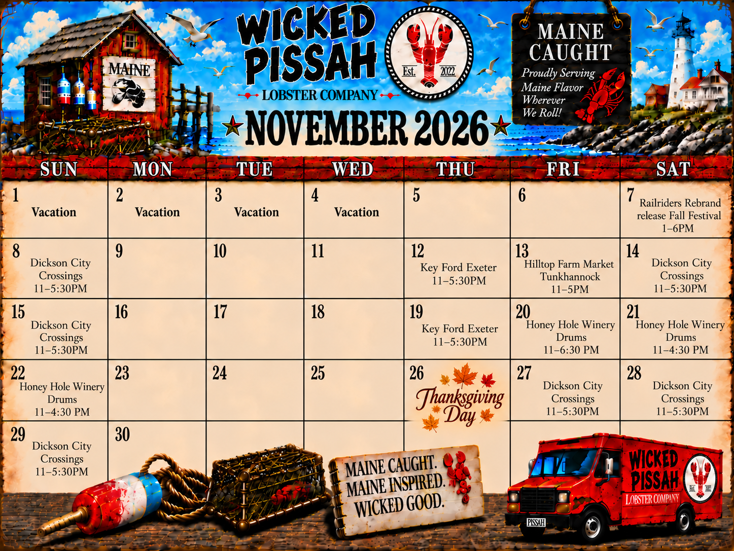Wicked Pissah Lobster Company November 2026 food truck calendar